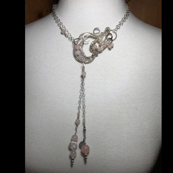 Rose Quartz, Fresh Water Pearls, Sterling & Fine Silver Lariat Necklace - Picture 3 of 9